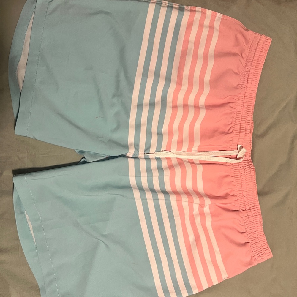 Chubbies Coral and White Striped Swim Shorts